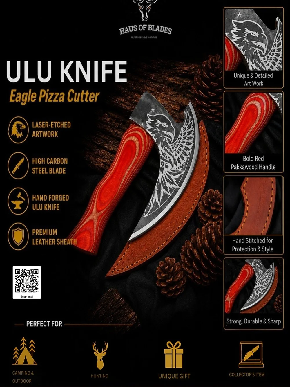 Red Pakkawood Ulu Knife with Laser-Etched Eagle